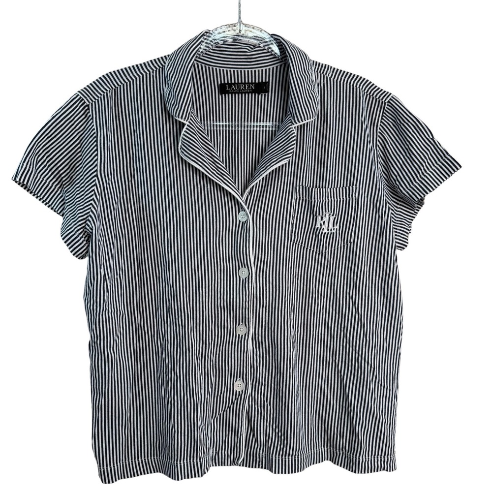 Lauren Ralph Lauren Womens Large Navy Blue White Striped Pajama Top Short Sleeve